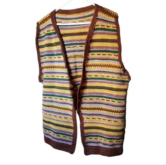 Handmade Crocheted 70s Boho Hippie Open Front Cardigan Sweater Brown Vest - Picture 6 of 7